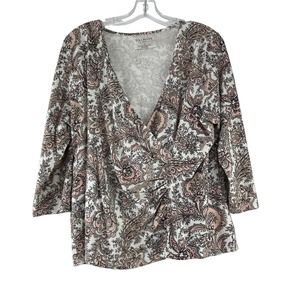 Talbots Faux Wrap Top‎ Womens Size 1X Brown Paisley 3/4 Sleeve Pullover